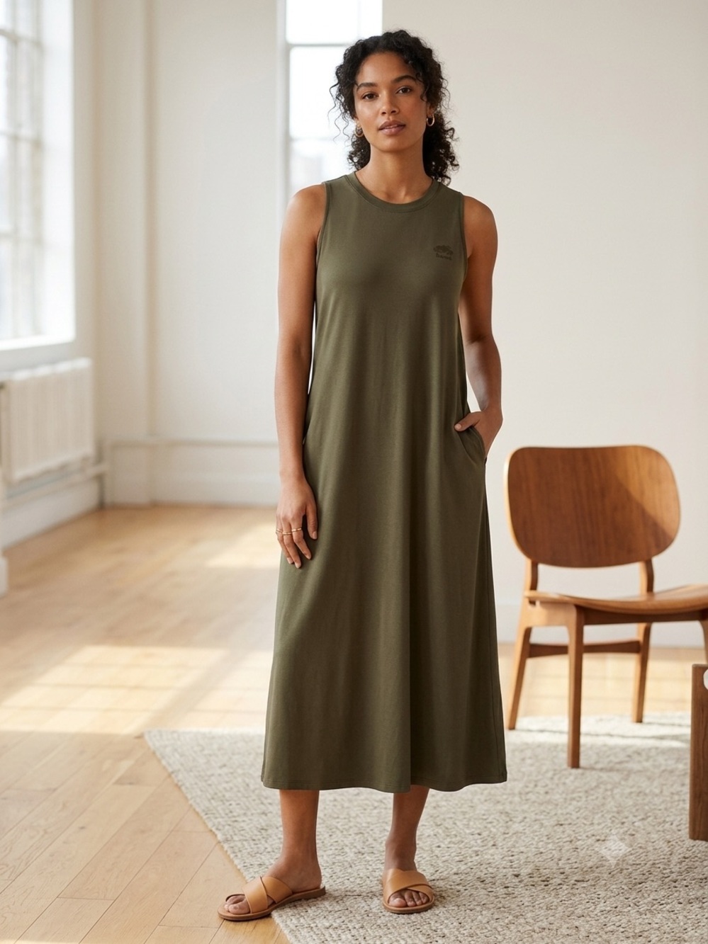 Roots Sleeveless Midi Dress in Olive Green